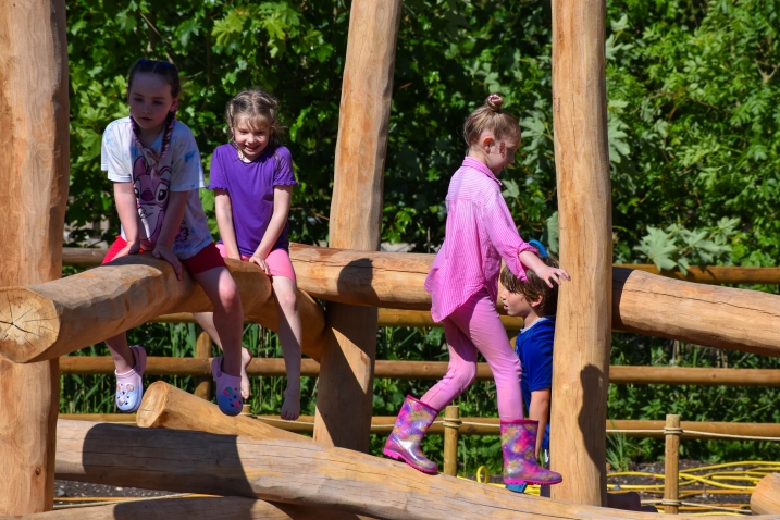 A group of friends sitting and climbing on a climbing frame at martin mere